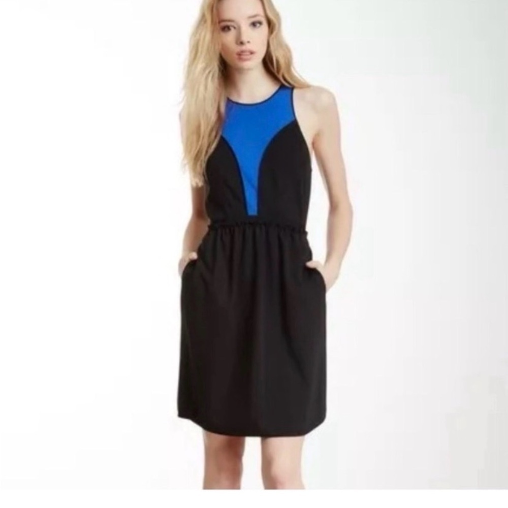 REBECCA TAYLOR Black and Blue Colorblock Fit and Flare Mini Dress - Picture 3 of 8
